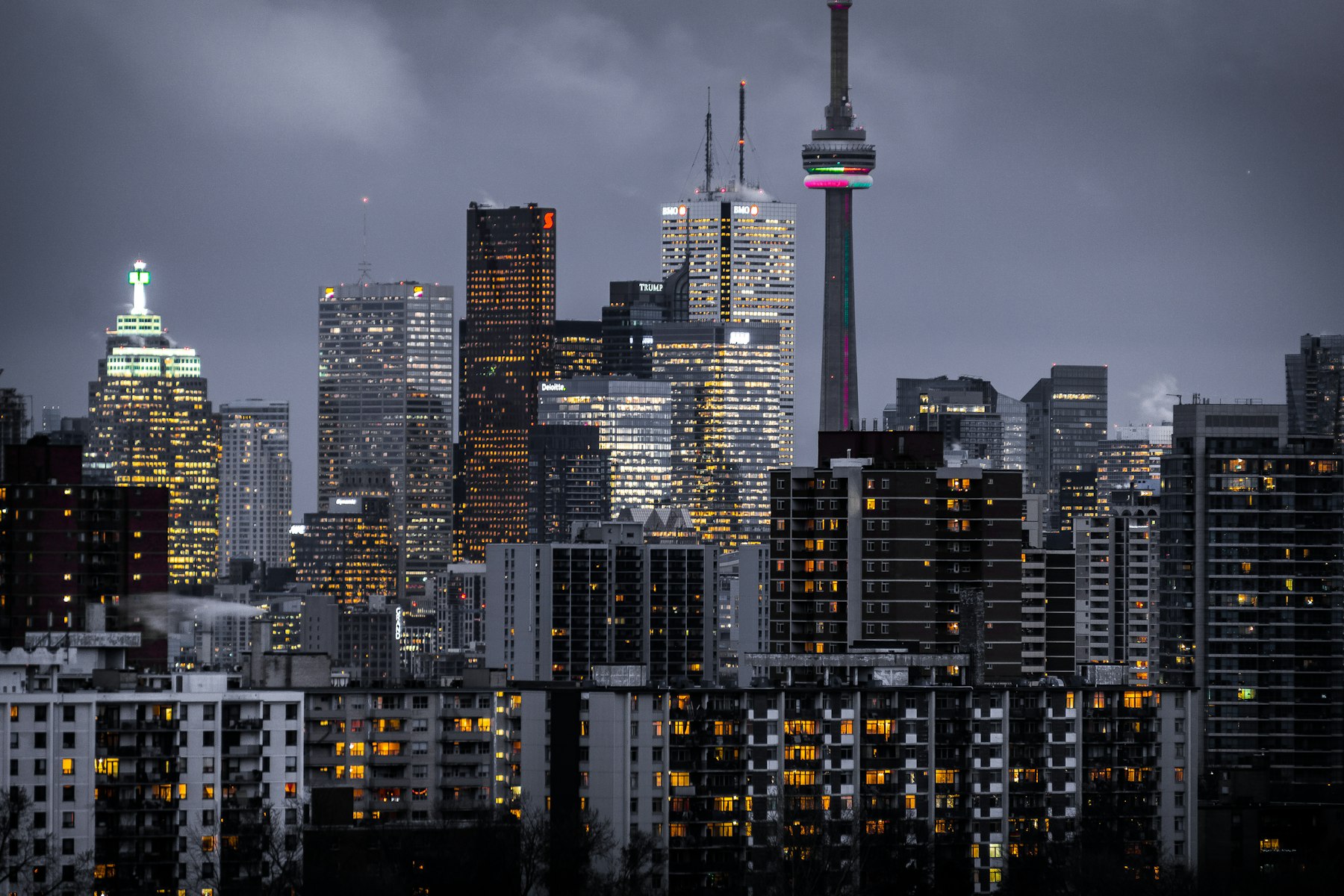 City towers lit at dusk